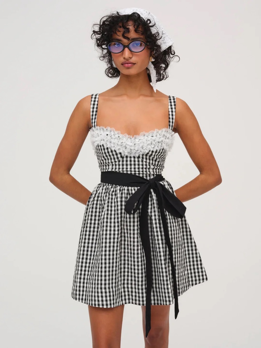 For Love & Lemons Black and White Gingham Lace-Trim Mini Dress